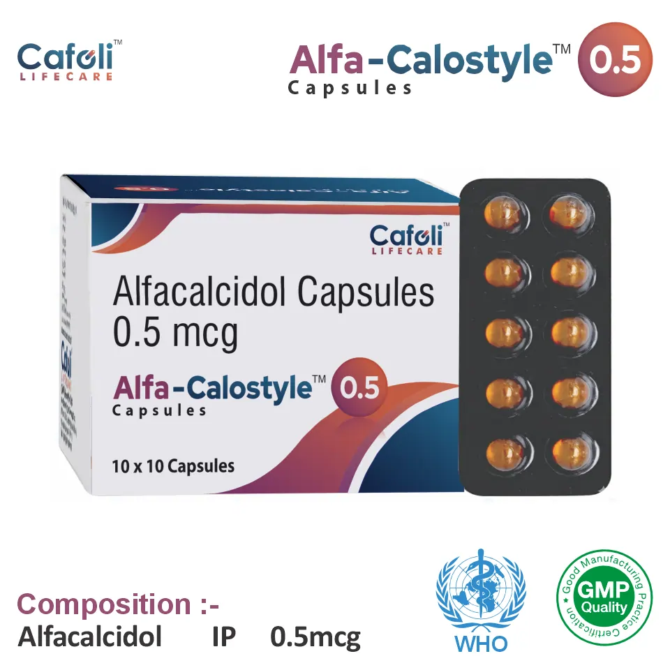 Alfacalcidol 0.50mcg Capsule at best price in PCD Pharma Franchise for Vitamin D Analog and Bone Health.